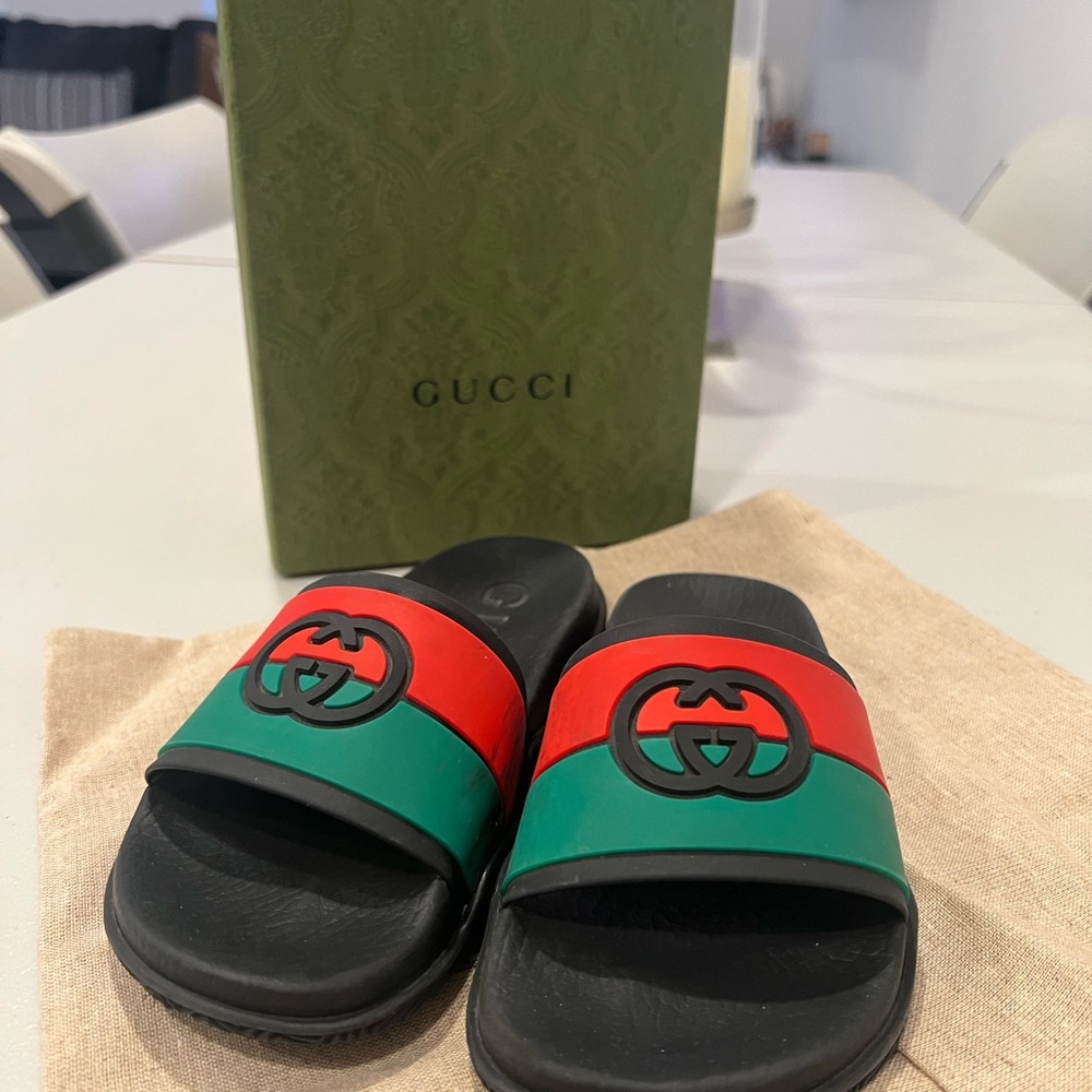 Gucci Black and Red Slides with Green Stripes